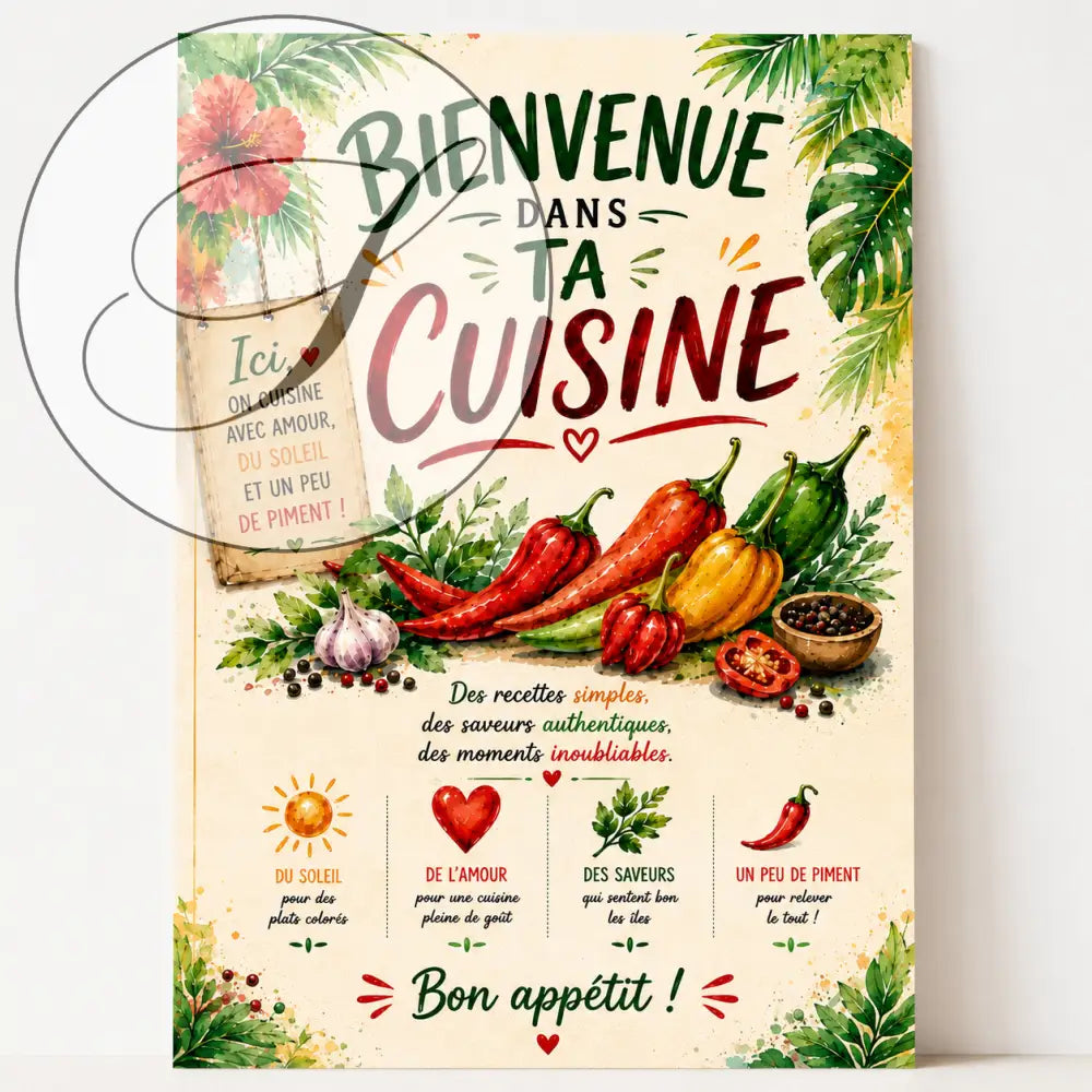Affiche cuisine piment rouge en style aquarelle avec poivrons colorés bienvenue dans ta cuisine poster déco murale