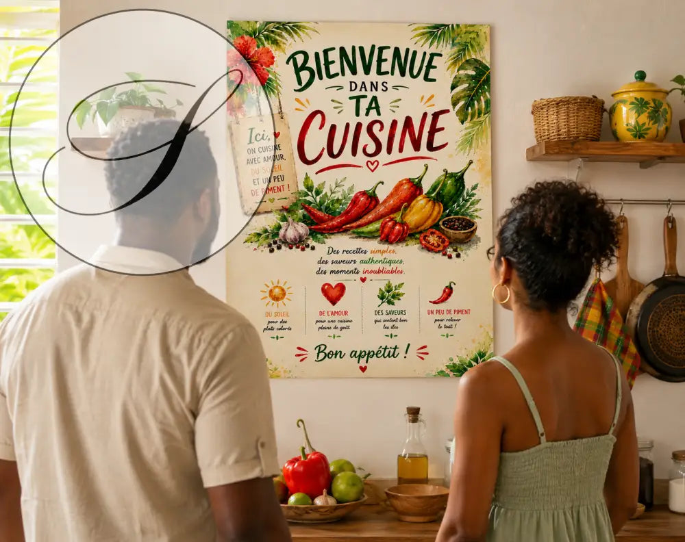Affiche cuisine piment rouge avec lettrage vert et rouge et illustrations de piments, herbes et bocal d’épices suspendu