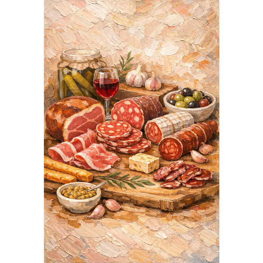 Affiche cuisine déco mural artistique avec fromages, charcuterie