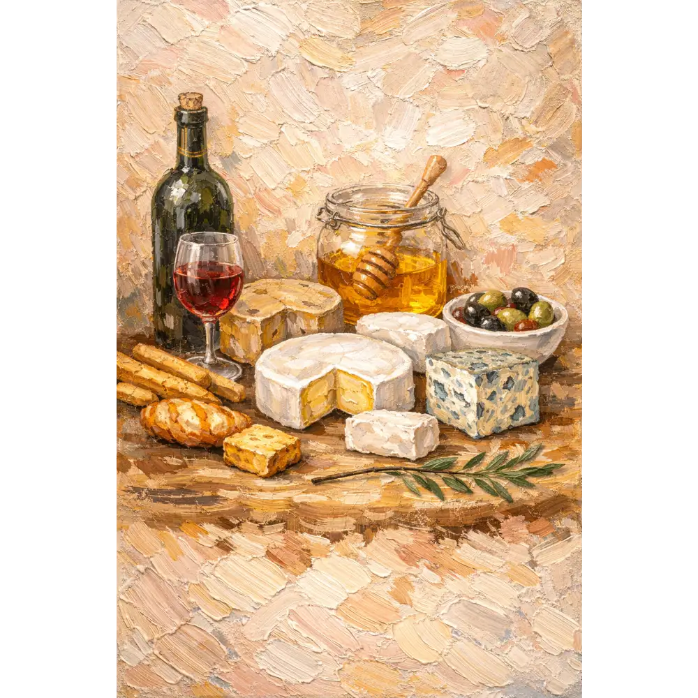Affiche cuisine déco murale gourmande avec fromages, charcuterie