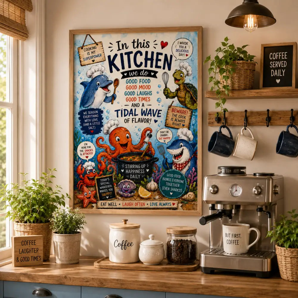 Affiche encadrée wdr avec dessins colorés de dauphin, poulpe et requin cuisiniers dans une cuisine sous-marine