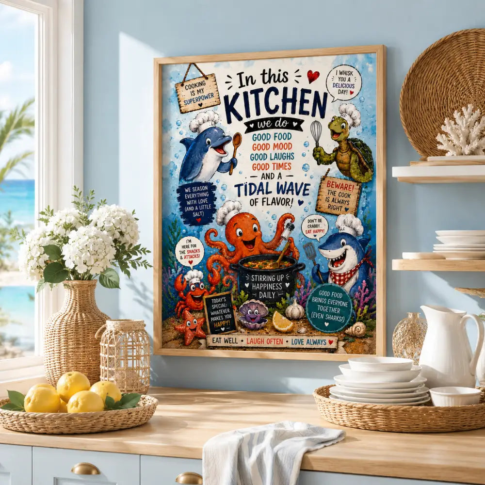 Affiche encadrée colorée wdr avec animaux marins en toque de chef et texte sur la cuisine bonne humeur et saveurs tidal wave