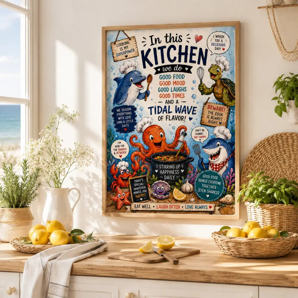 Affiche encadrée colorée wdr avec des créatures marines en chefs et texte positif sur fond bleu clair