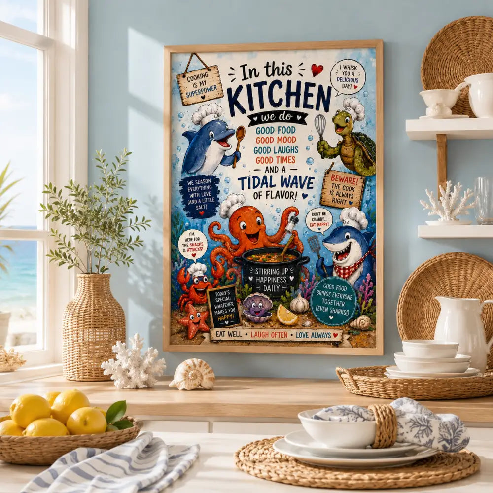 Poster encadré coloré wdr avec des créatures marines en toque de chef et texte cuisine bonne humeur bonne nourriture