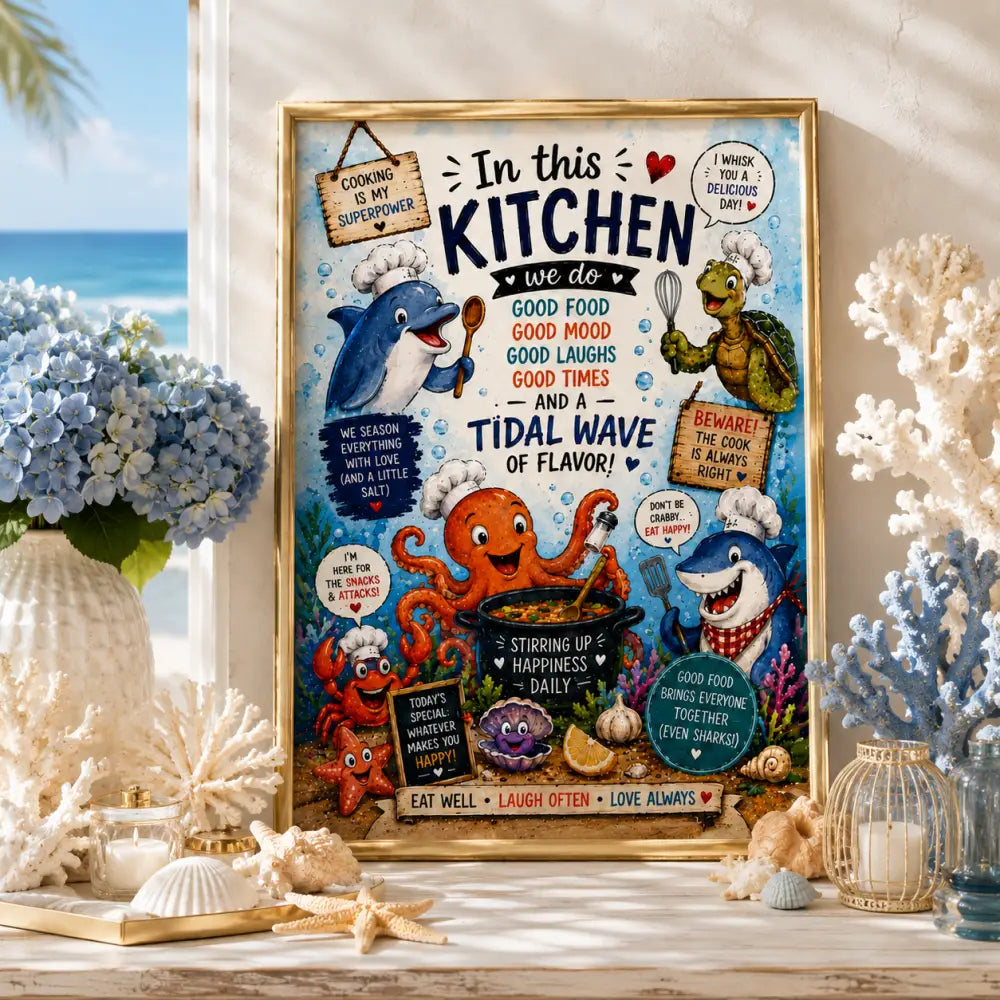Affiche encadrée wdr avec dessins de dauphin, tortue, pieuvre et requin chefs en cuisine et texte positif
