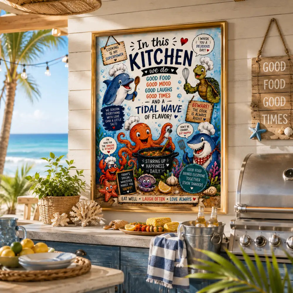 Affiche encadrée colorée wdr avec des créatures marines en toque de chef dans une cuisine vibrante