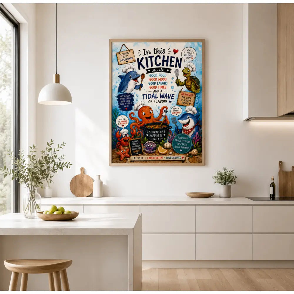 Affiche encadrée wdr colorée avec dessins de dauphin et pieuvre en toque de chef sur fond bleu pour cuisine