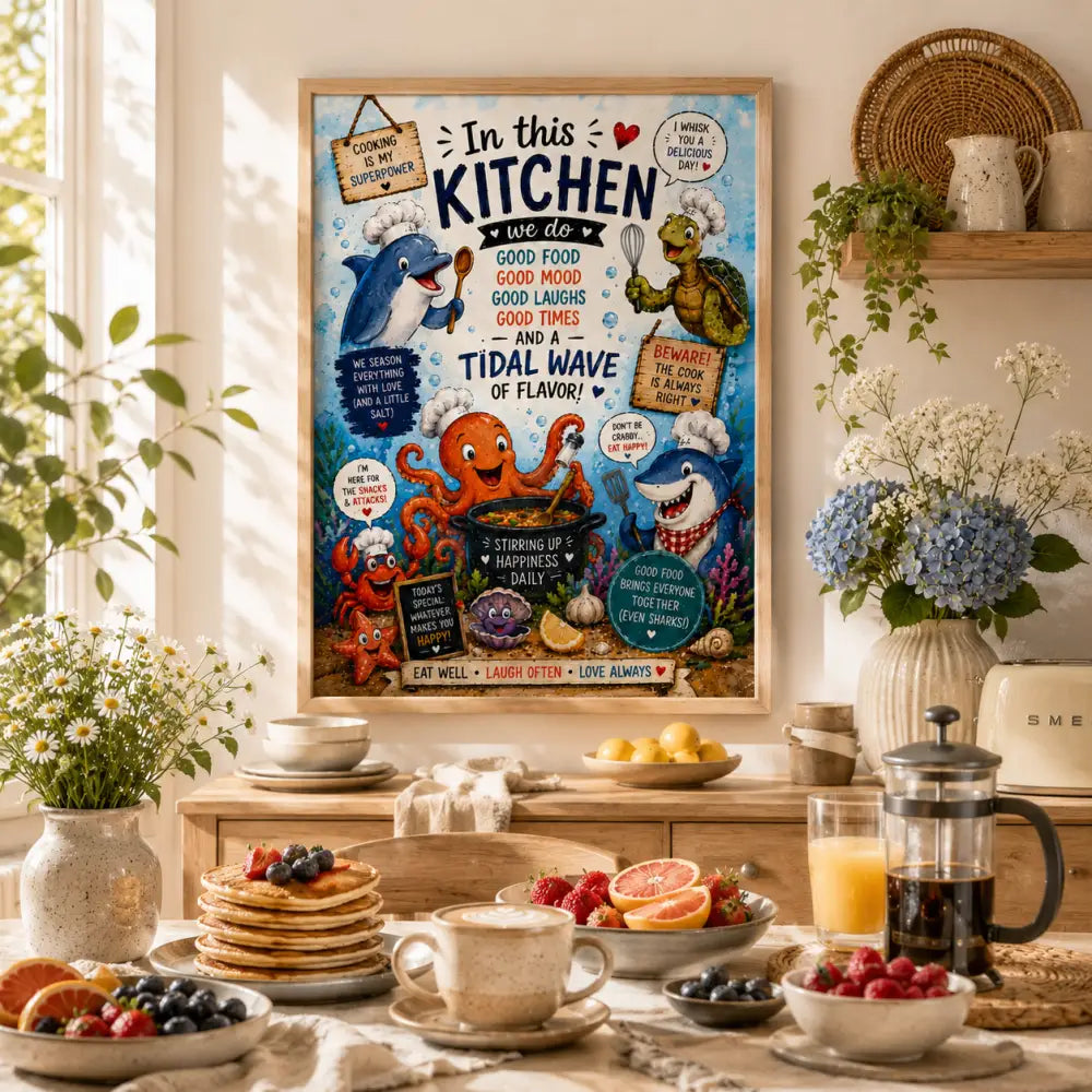 Affiche encadrée wdr colorée avec dessins animés de dauphin poulpe et tortue en toque chef sur fond bleu vibrant pour cuisine fun