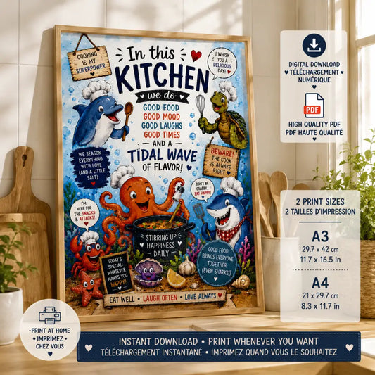 Affiche cuisine vintage colorée avec décoration murale de créatures marines cartoon en chefs dans une cuisine