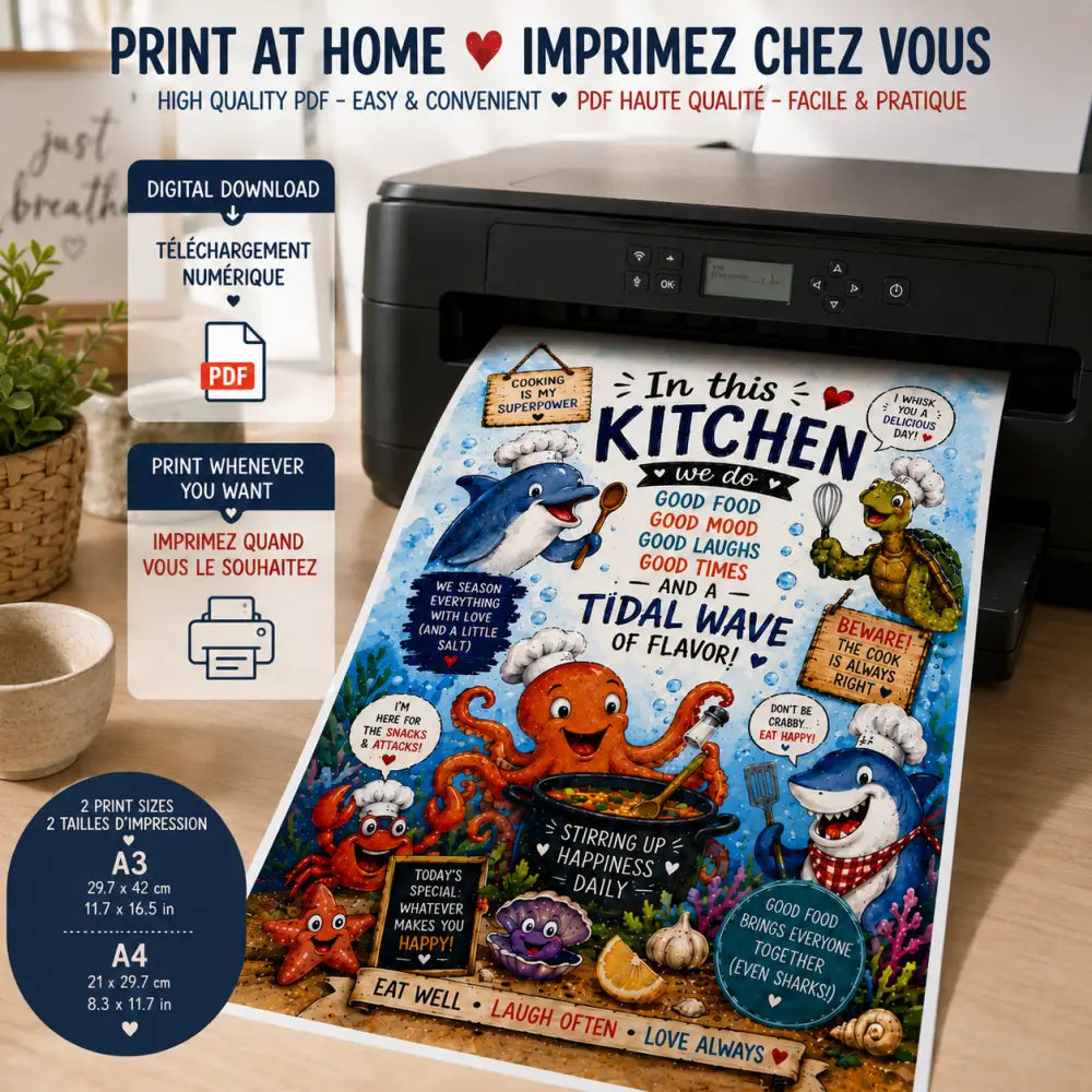 Affiche cuisine vintage décoration murale colorée avec créatures marines joyeuses en style cartoon à imprimer pdf