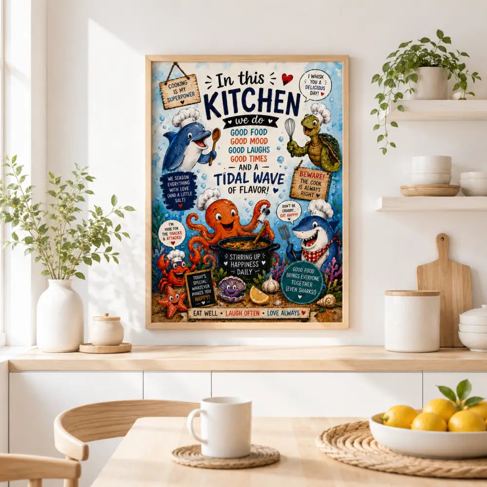 Affiche encadrée colorée wdr avec dessins animés de créatures marines en toque et texte cuisine positive