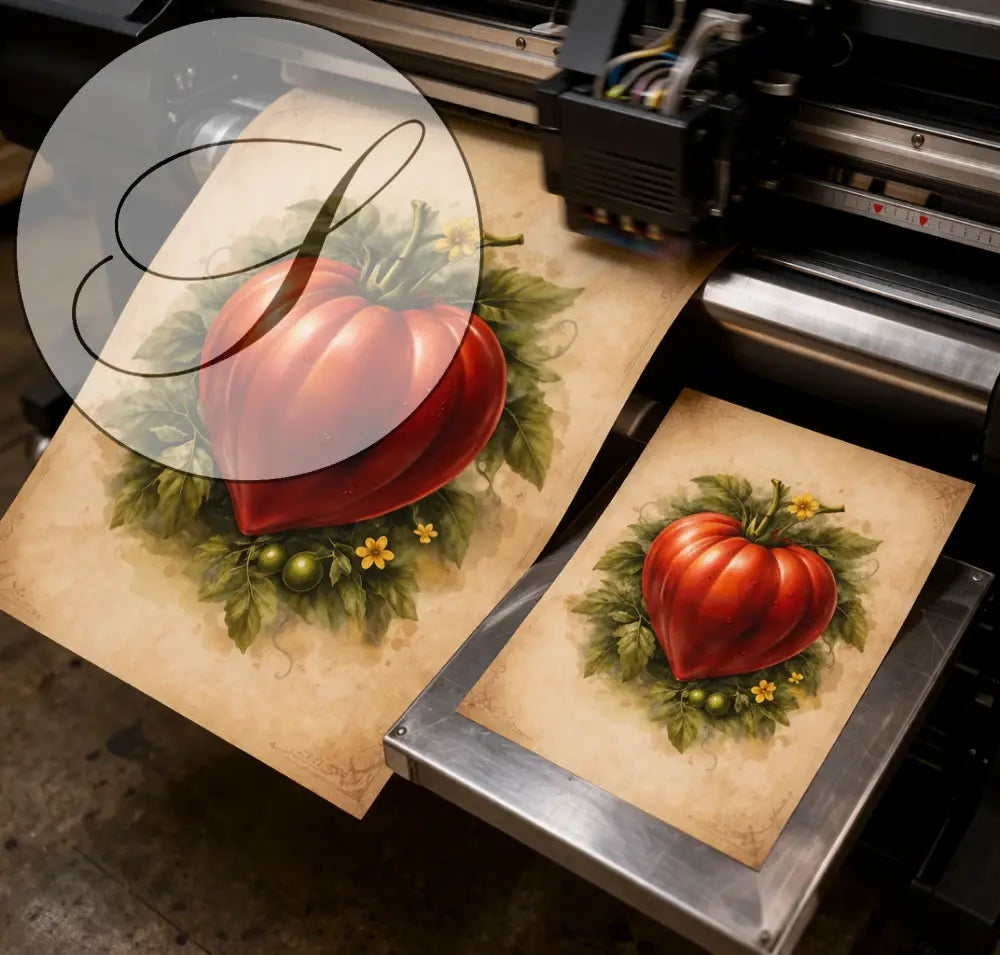 Affiche cuisine avec illustration tomate rouge en forme de cœur sur papier parchemin pour décoration murale cuisine tendance naturelle