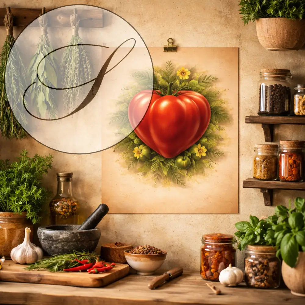 Affiche cuisine avec illustration tomate rouge en forme de coeur entourée de fleurs pour décoration murale cuisine tendance naturelle