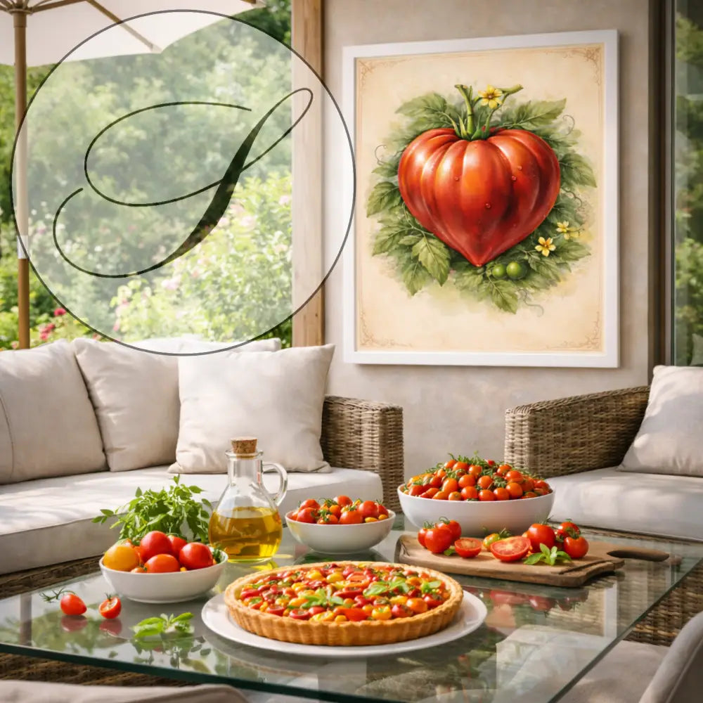Affiche botanique tomate rouge intense style planche naturaliste ancienne