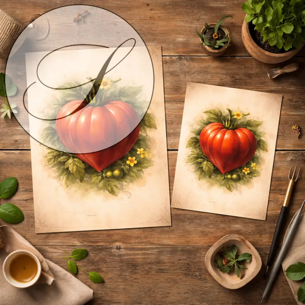 Illustration d'affiche cuisine tomate en forme de cœur rouge vif sur papier vieilli pour décoration murale cuisine