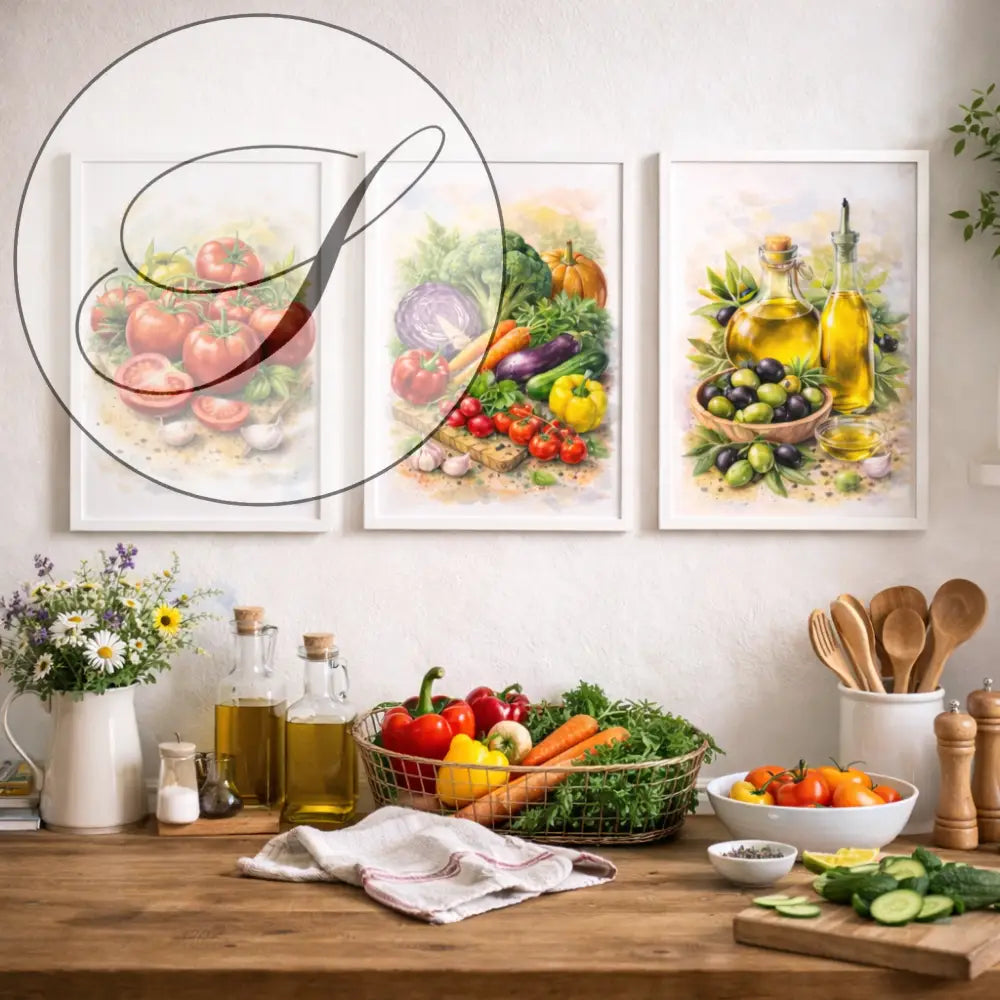 Décoration murale cuisine aquarelle, lot de 3 affiches