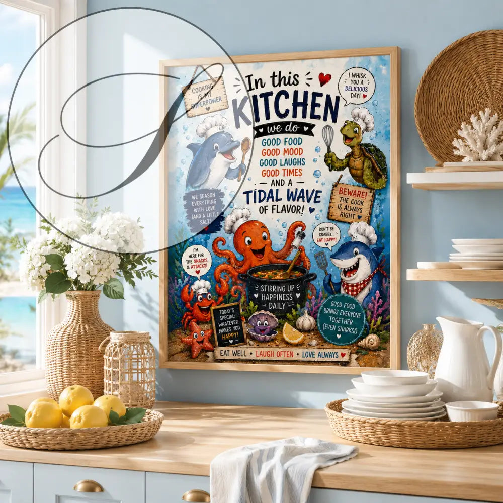 Affiche encadrée colorée wdr avec animaux marins en toque de chef et texte sur la cuisine bonne humeur et saveurs tidal wave