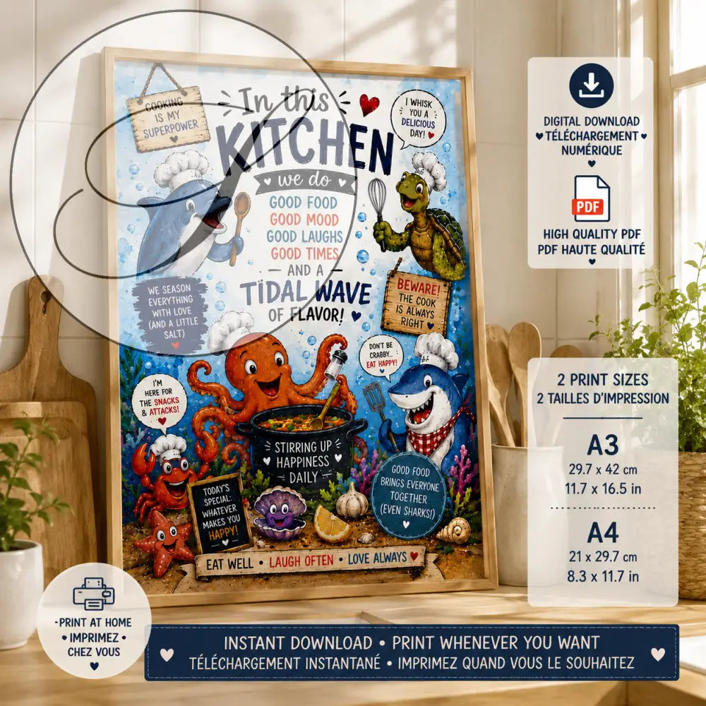 Affiche cuisine vintage colorée avec décoration murale de créatures marines cartoon en chefs dans une cuisine