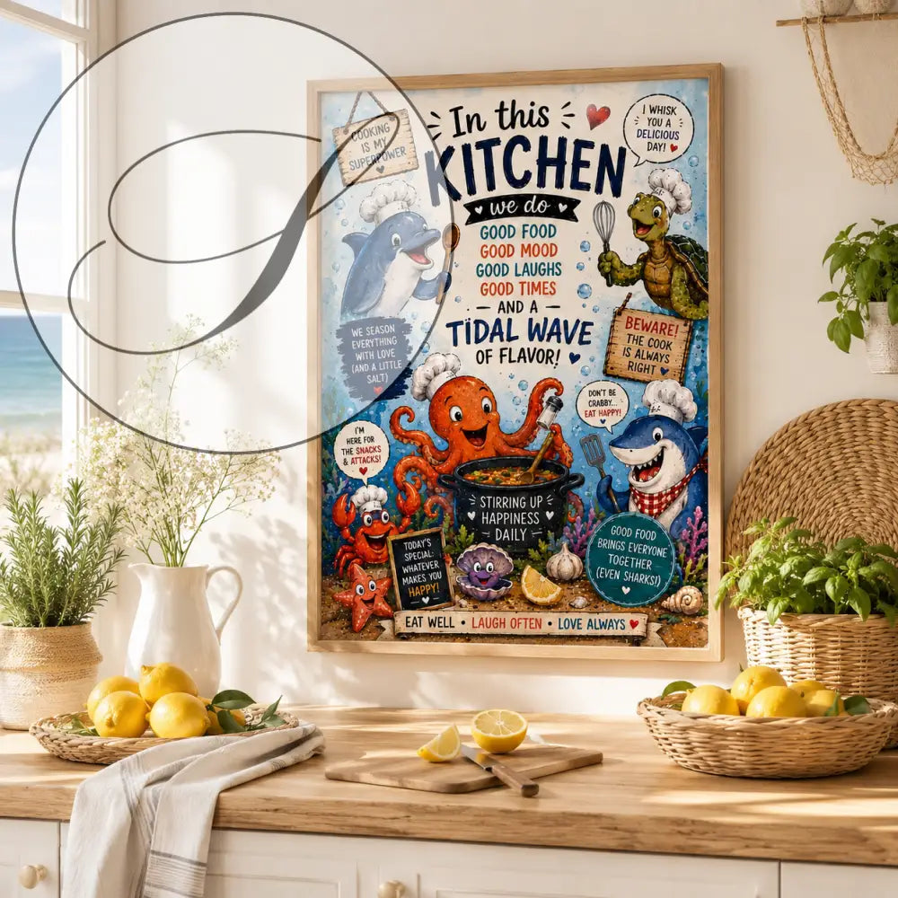 Affiche encadrée colorée wdr avec des créatures marines en chefs et texte positif sur fond bleu clair