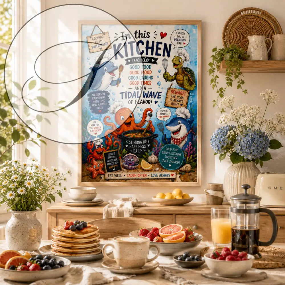 Affiche encadrée wdr colorée avec dessins animés de dauphin poulpe et tortue en toque chef sur fond bleu vibrant pour cuisine fun
