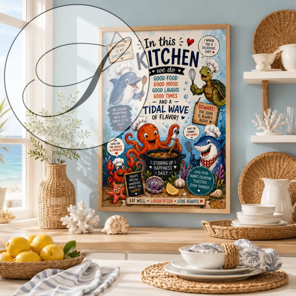 Poster encadré coloré wdr avec des créatures marines en toque de chef et texte cuisine bonne humeur bonne nourriture