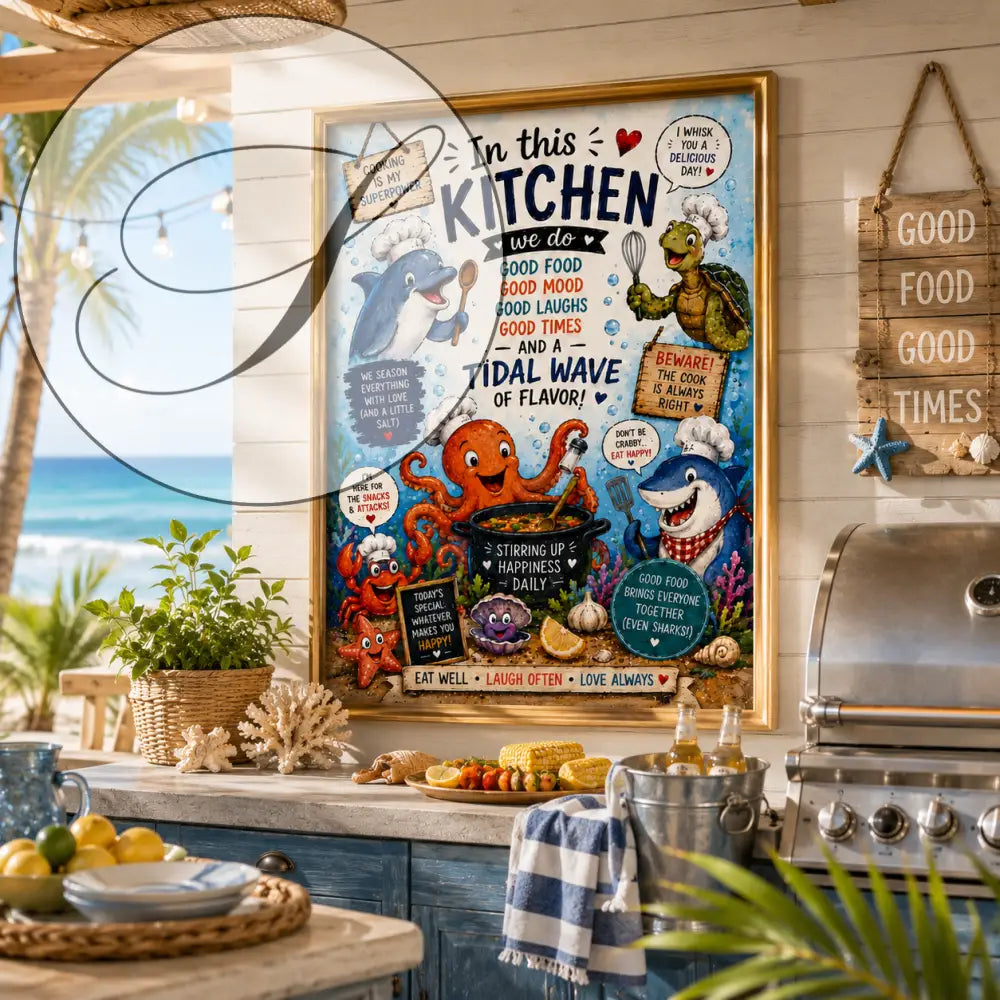 Affiche encadrée colorée wdr avec des créatures marines en toque de chef dans une cuisine vibrante