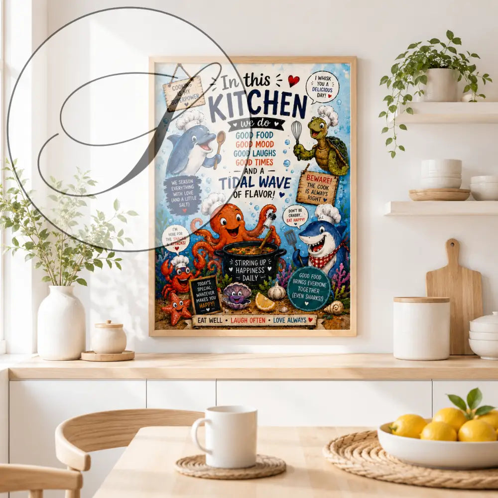 Affiche encadrée colorée wdr avec dessins animés de créatures marines en toque et texte cuisine positive