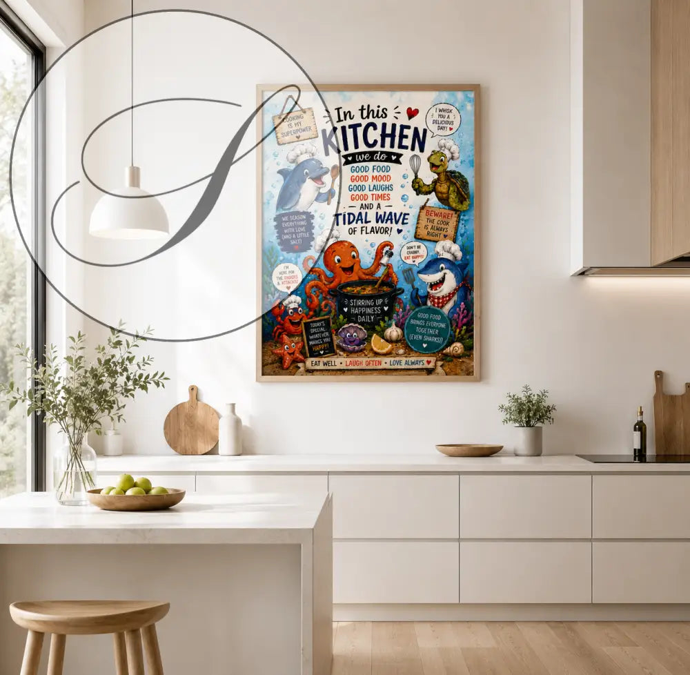 Affiche encadrée wdr colorée avec dessins de dauphin et pieuvre en toque de chef sur fond bleu pour cuisine