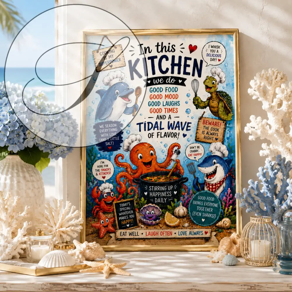 Affiche encadrée wdr avec dessins de dauphin, tortue, pieuvre et requin chefs en cuisine et texte positif