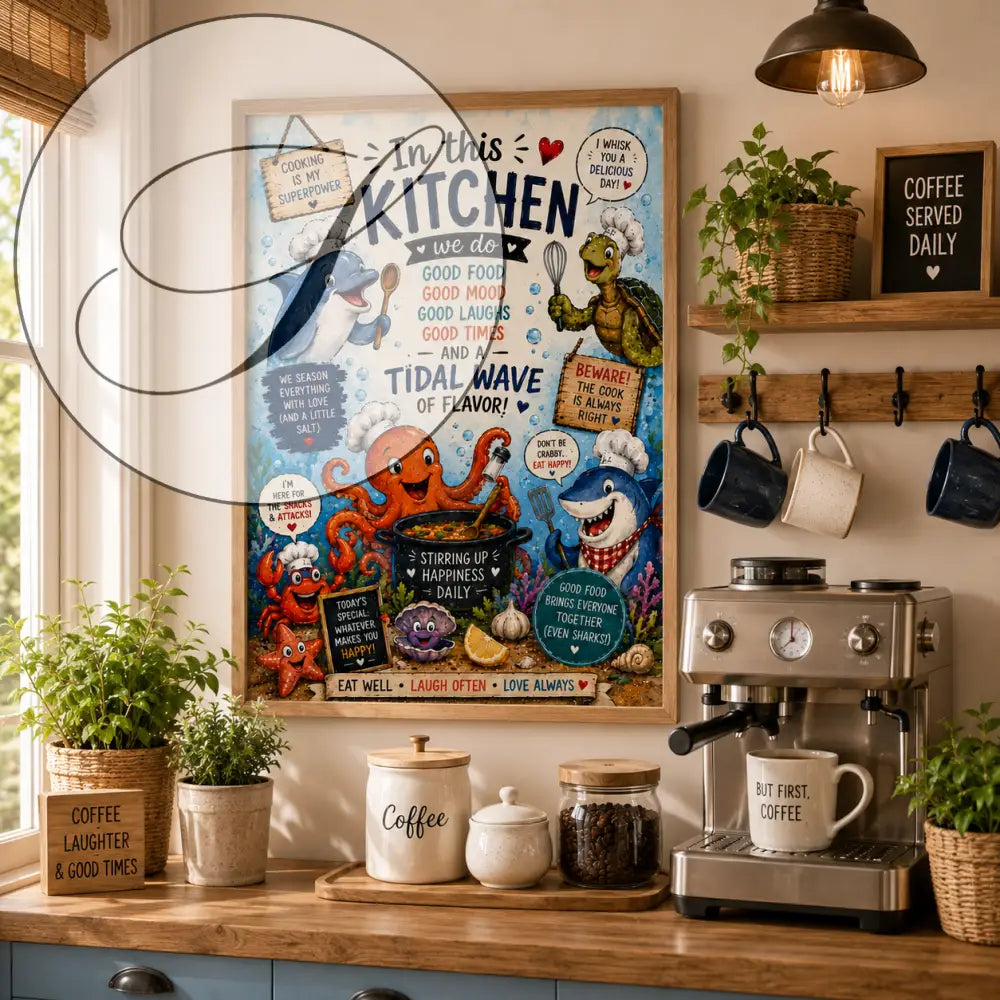 Affiche encadrée wdr avec dessins colorés de dauphin, poulpe et requin cuisiniers dans une cuisine sous-marine