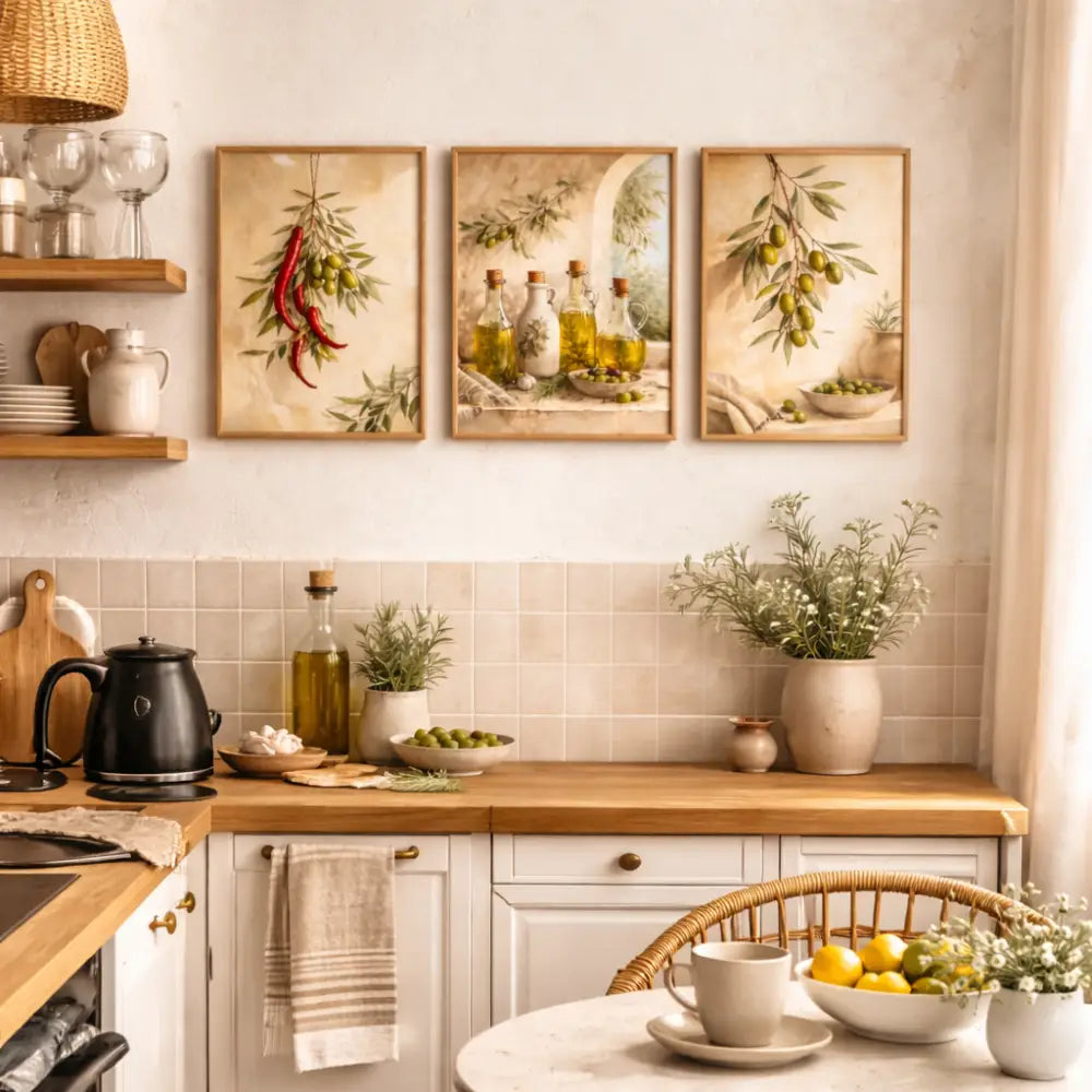 Trois affiches cuisine vintage à thème olive avec illustrations botaniques en tons terre et cadres en bois clair