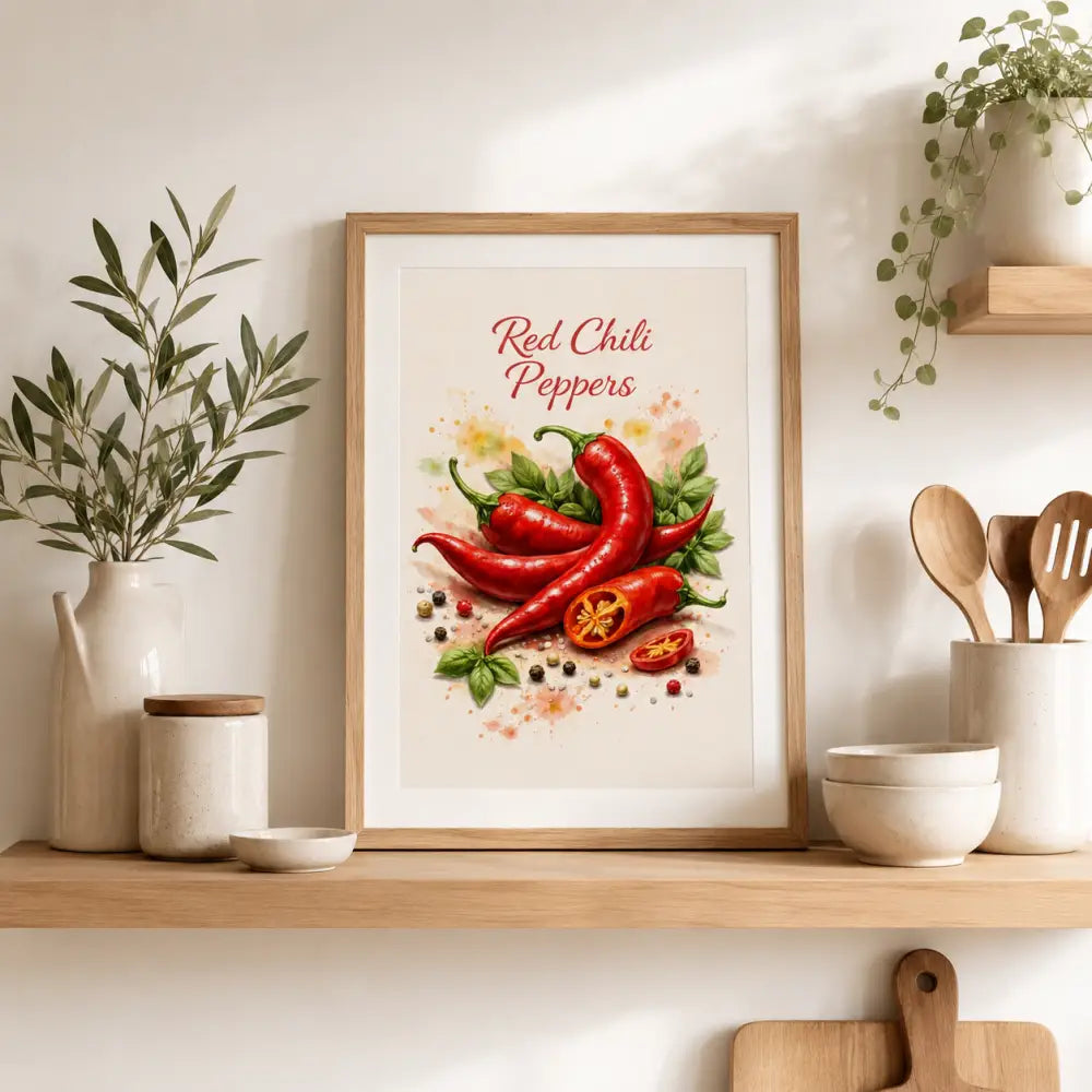 Une œuvre encadrée avec des piments rouges vifs à tiges vertes sur fond crème avec texte élégant intitulée g