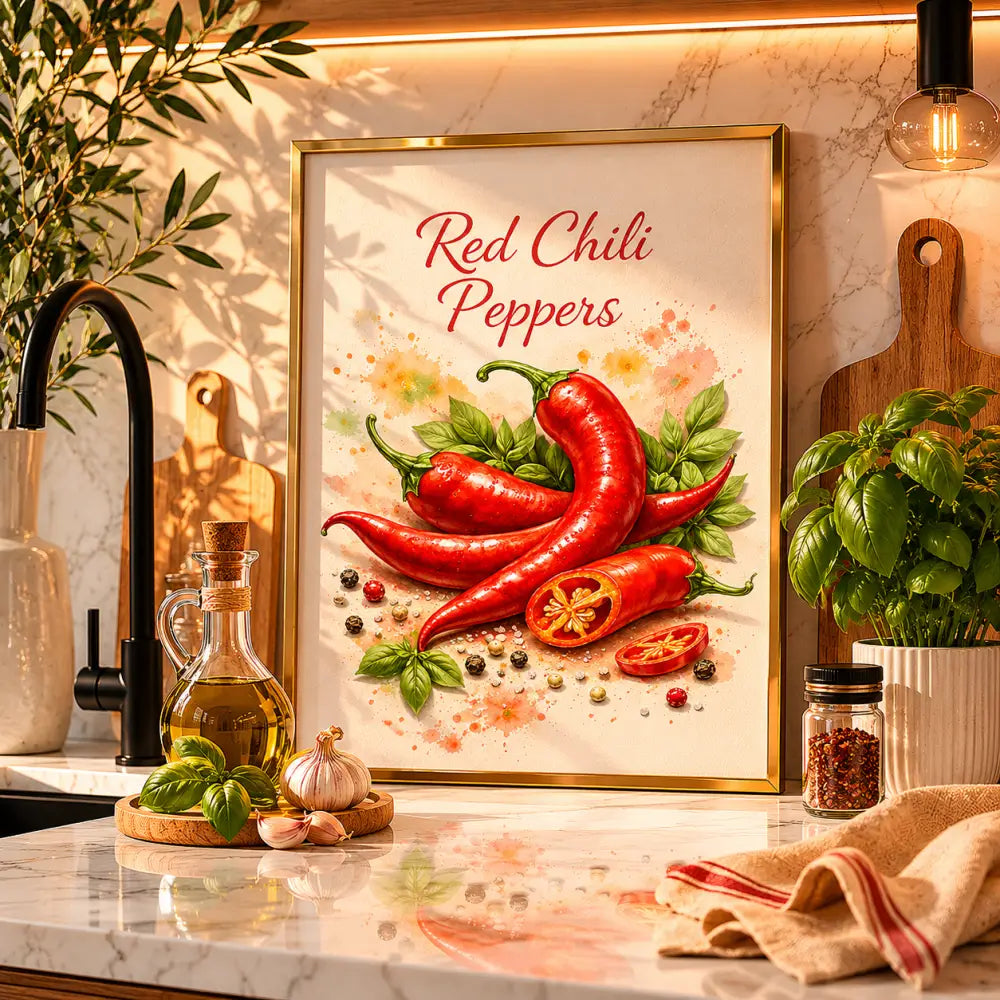 Une œuvre encadrée g avec des piments rouges vibrants et feuilles vertes sur fond aquarelle dans un cadre doré