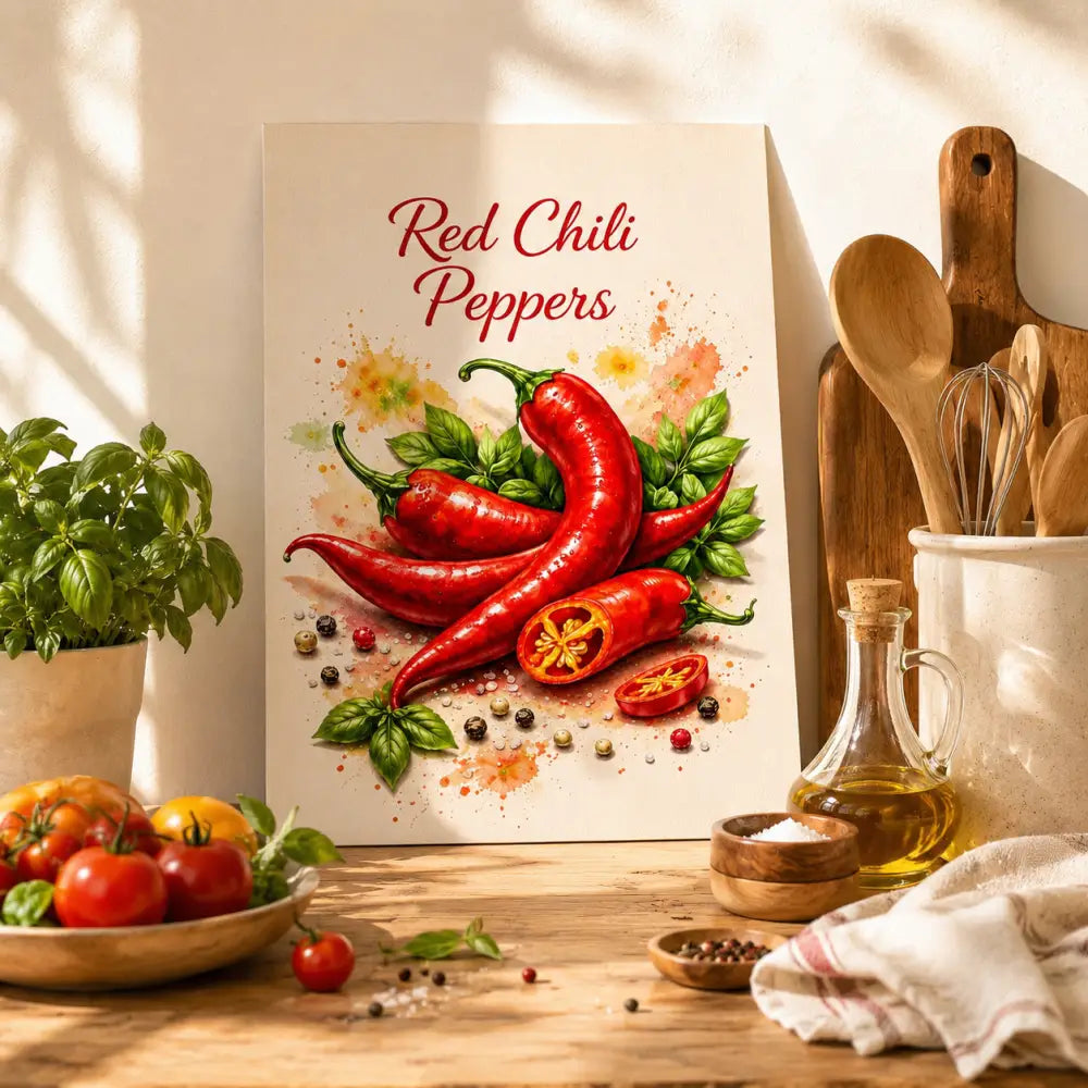 Affiche illustration vibrante de piment rouge brillant avec feuilles vertes sur fond crème et éclaboussures orange pour produit g