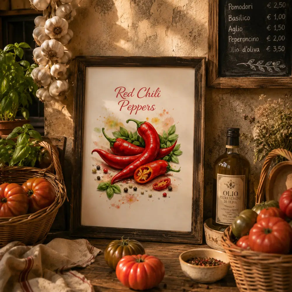 Un cadre en bois rustique avec une estampe aquarelle de piments rouges vibrants et feuilles vertes sur fond clair