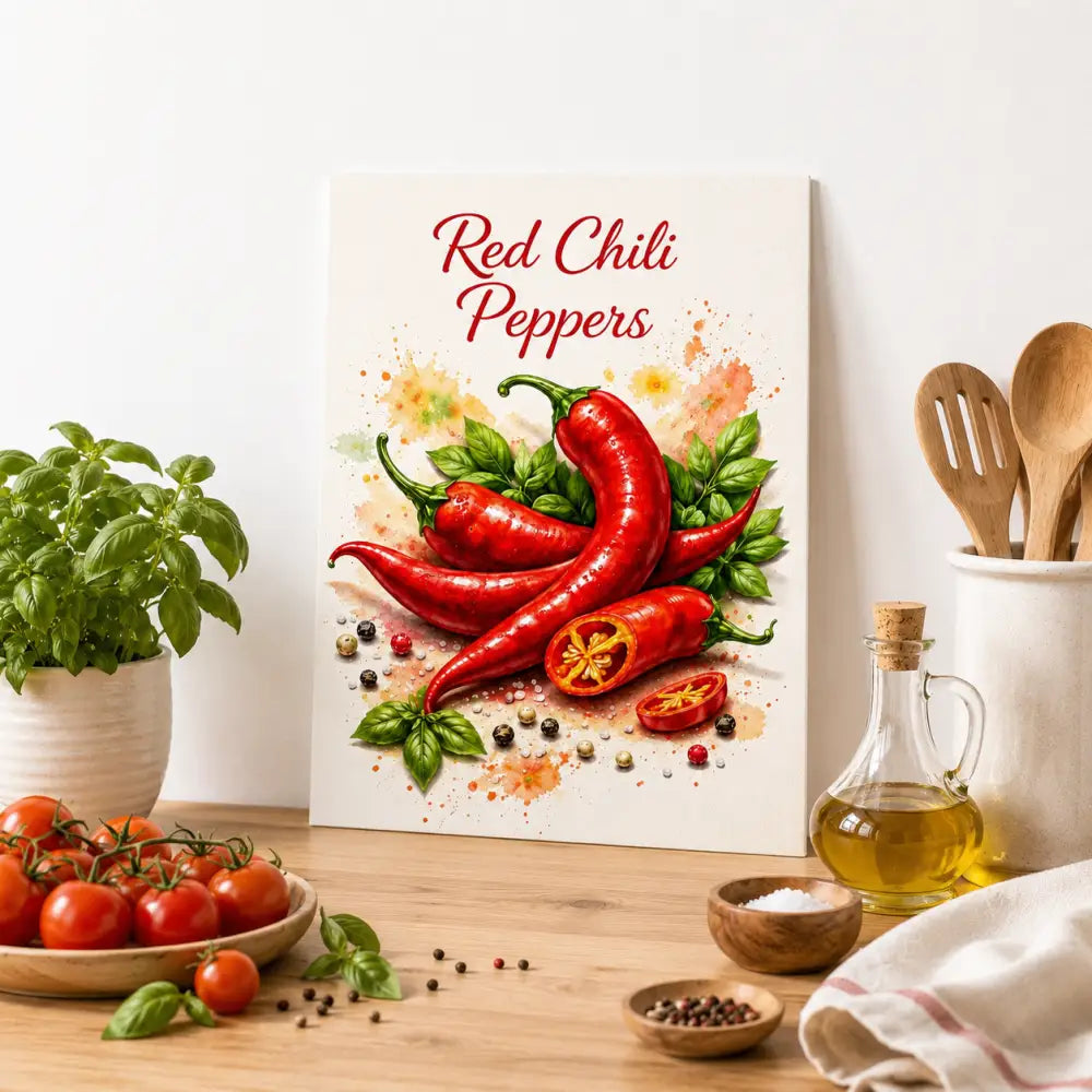 Impression sur toile vibrant avec illustration aquarelle de piments rouges et feuilles vertes intitulée red chili peppers