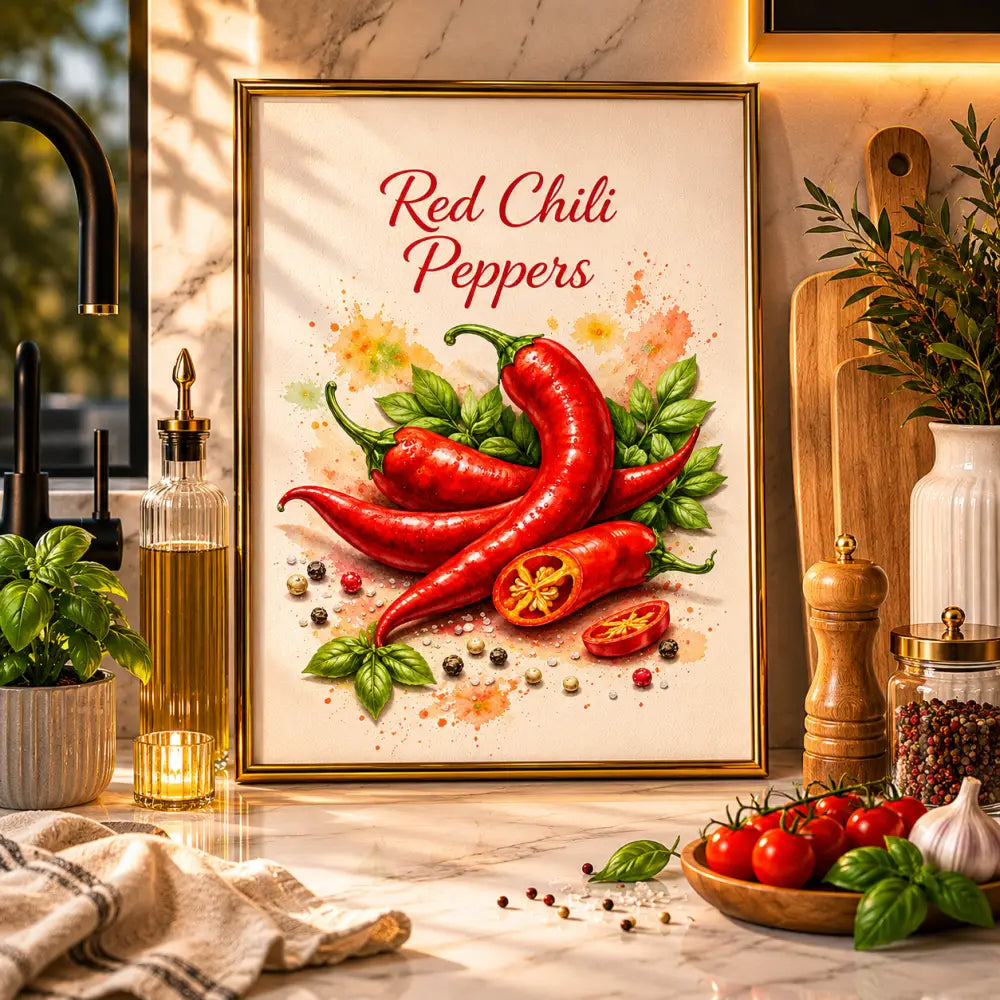 Un tirage aquarelle encadré de piments rouges vibrants avec feuilles vertes et grains de poivre sur fond chaud intitulé G