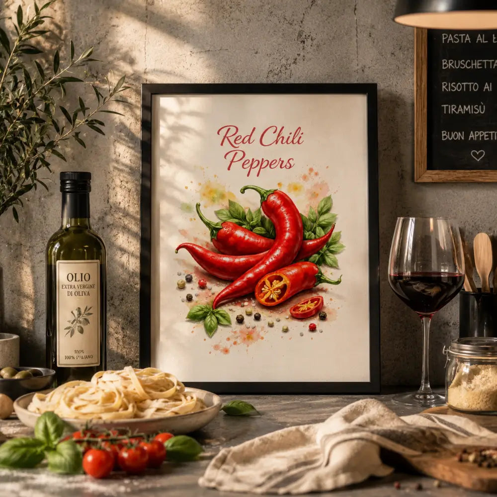 Une illustration encadrée de piments rouges vibrants avec feuilles vertes et grains de poivre dans un cadre noir