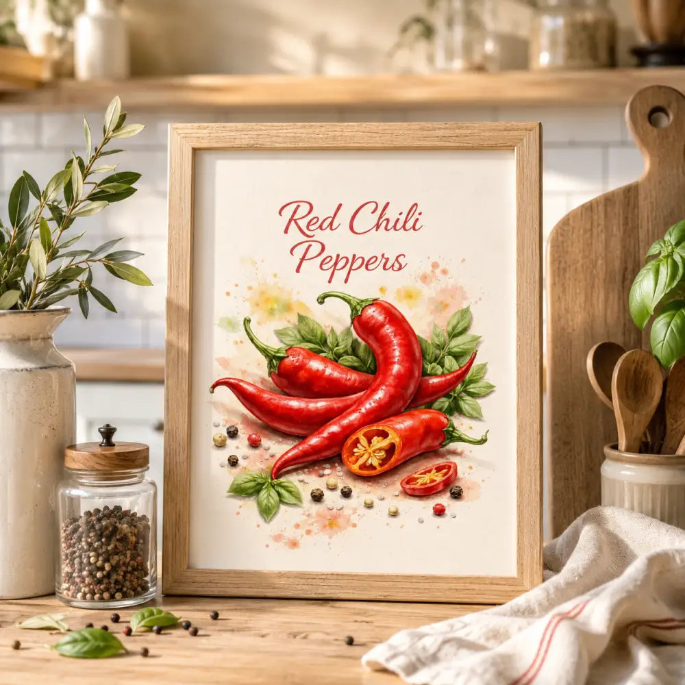 Un cadre avec une estampe aquarelle de piments rouges vifs aux tiges et feuilles vertes sur fond crème doux