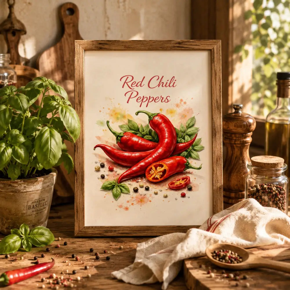 Impression encadrée rustique en bois avec illustration vibrante de piments rouges et feuilles vertes sur fond crème