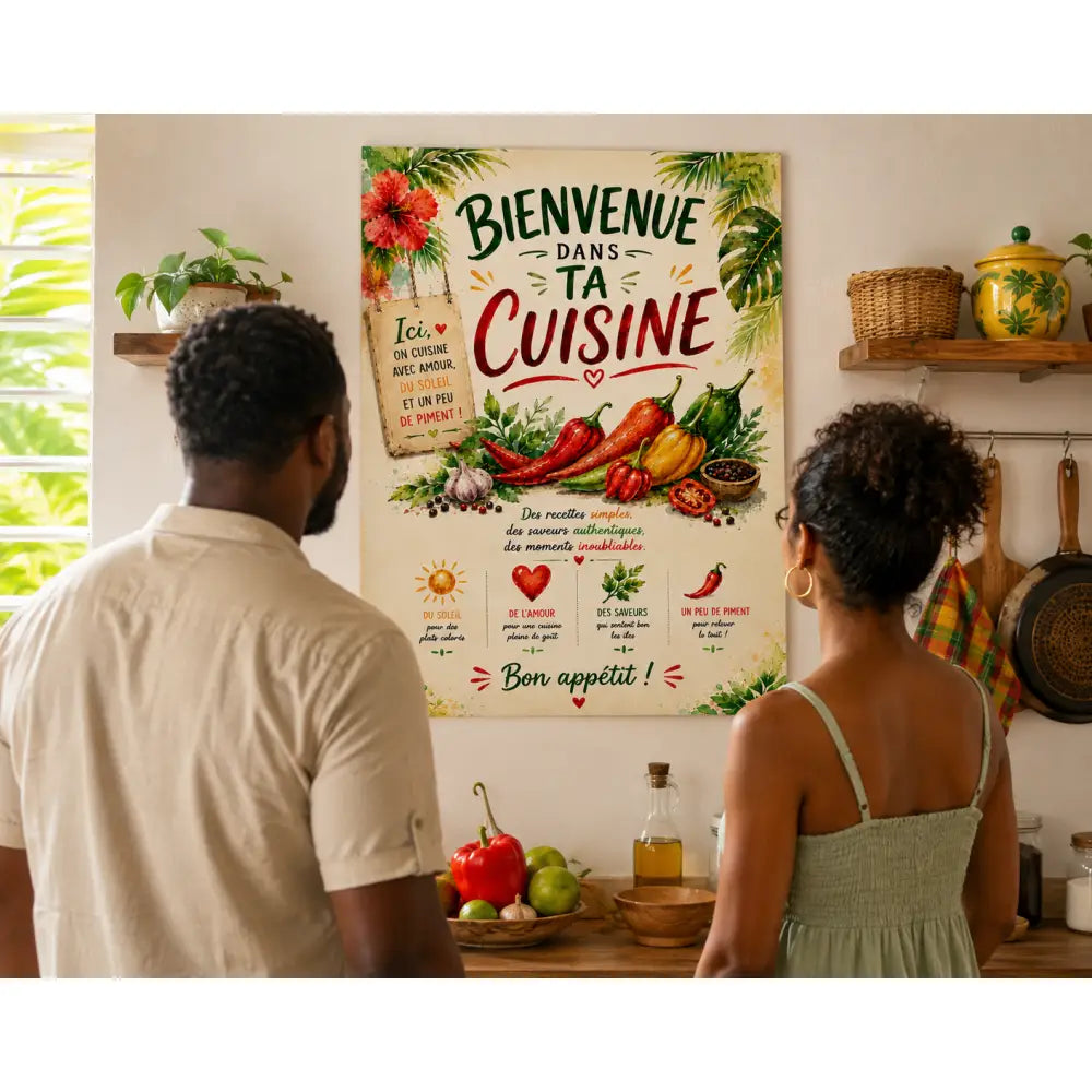 Affiche cuisine piment rouge avec lettrage vert et rouge et illustrations de piments, herbes et bocal d’épices suspendu