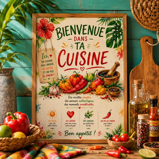 Affiche de cuisine encadrée avec illustrations colorées de piments ail et herbes dans un cadre en bois rustique