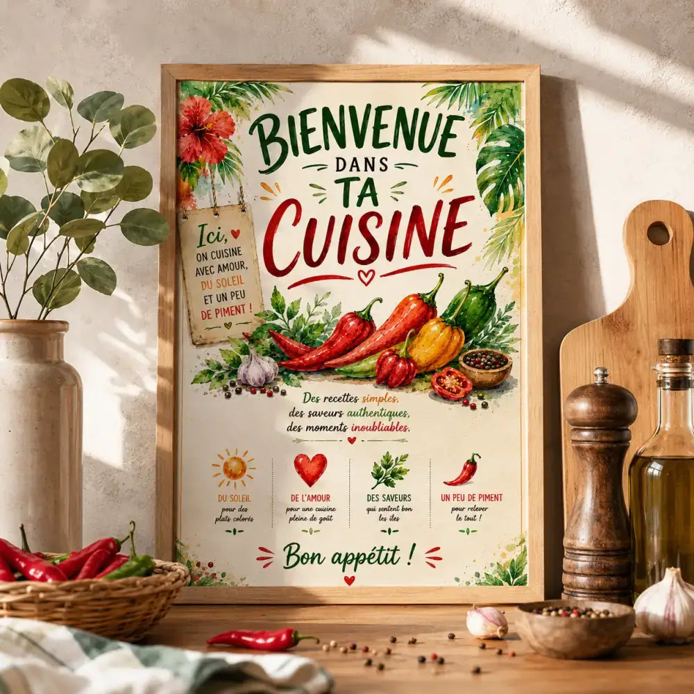 Un poster encadré avec un cadre en bois rustique illustrant des piments rouges et jaunes ail et feuilles vertes