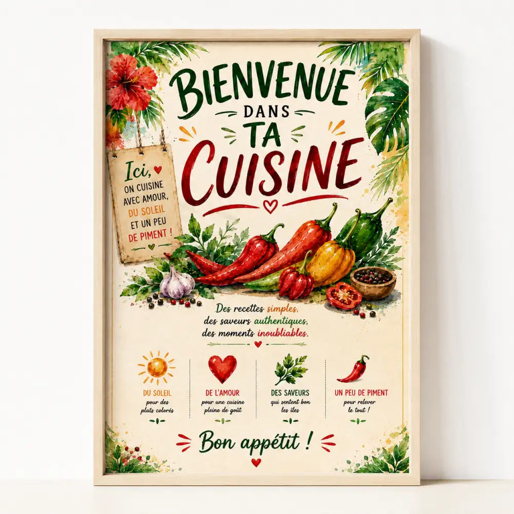 Affiche cuisine piment rouge poster déco murale avec design aquarelle rustique de poivrons rouges, ail et herbes