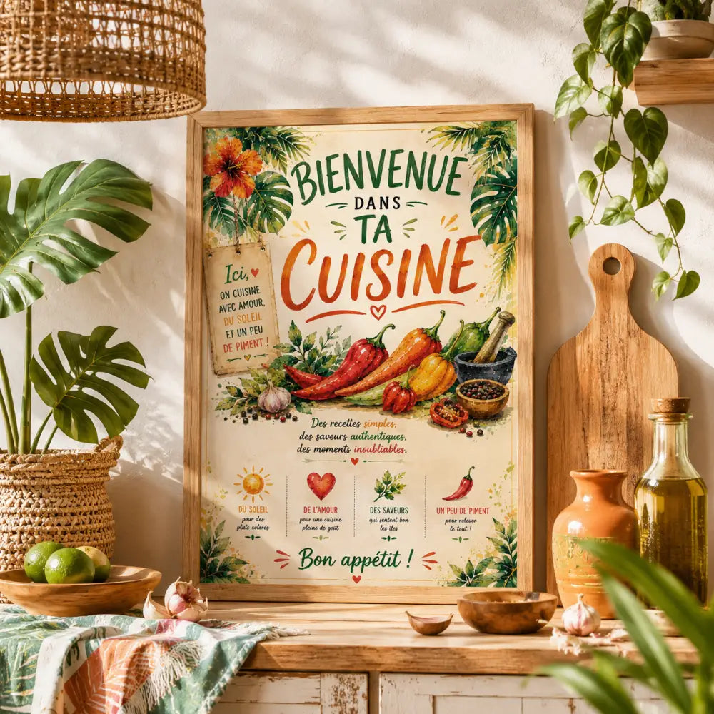 Affiche encadrée gg thème cuisine tropicale avec illustrations colorées de piments et herbes sur fond beige