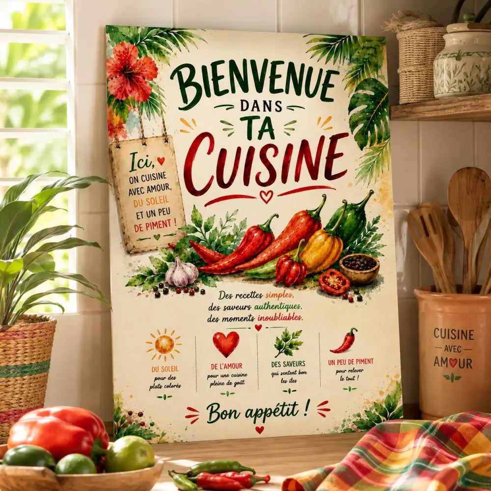 Affiche cuisine piment rouge vibrante avec texte bienvenue dans ta cuisine, poivrons colorés et herbes sur fond crème