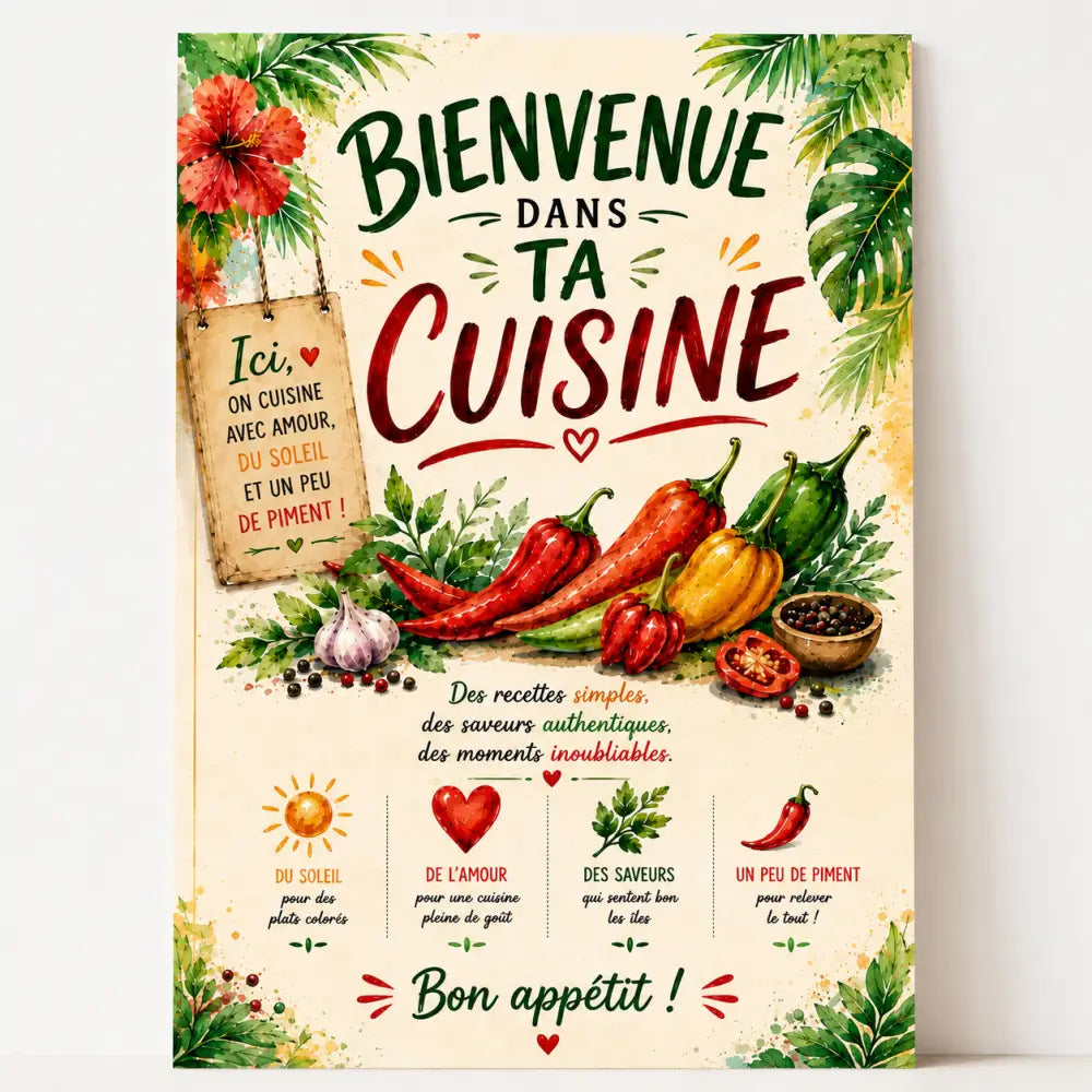Affiche cuisine piment rouge en style aquarelle avec poivrons colorés bienvenue dans ta cuisine poster déco murale