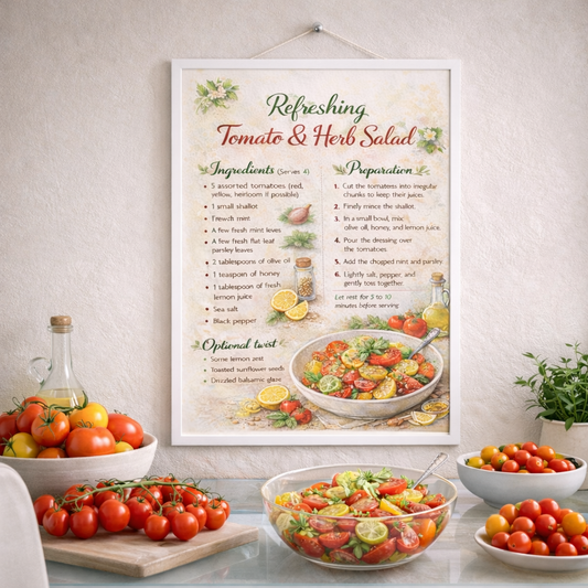 Affiche cuisine recette salade tomate illustration botanique vintage