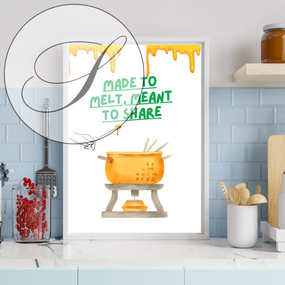 Affiche culinaire fondue avec cadre blanc, illustration aquarelle de caquelon doré et texte vert fait pour fondre, fait pour partager