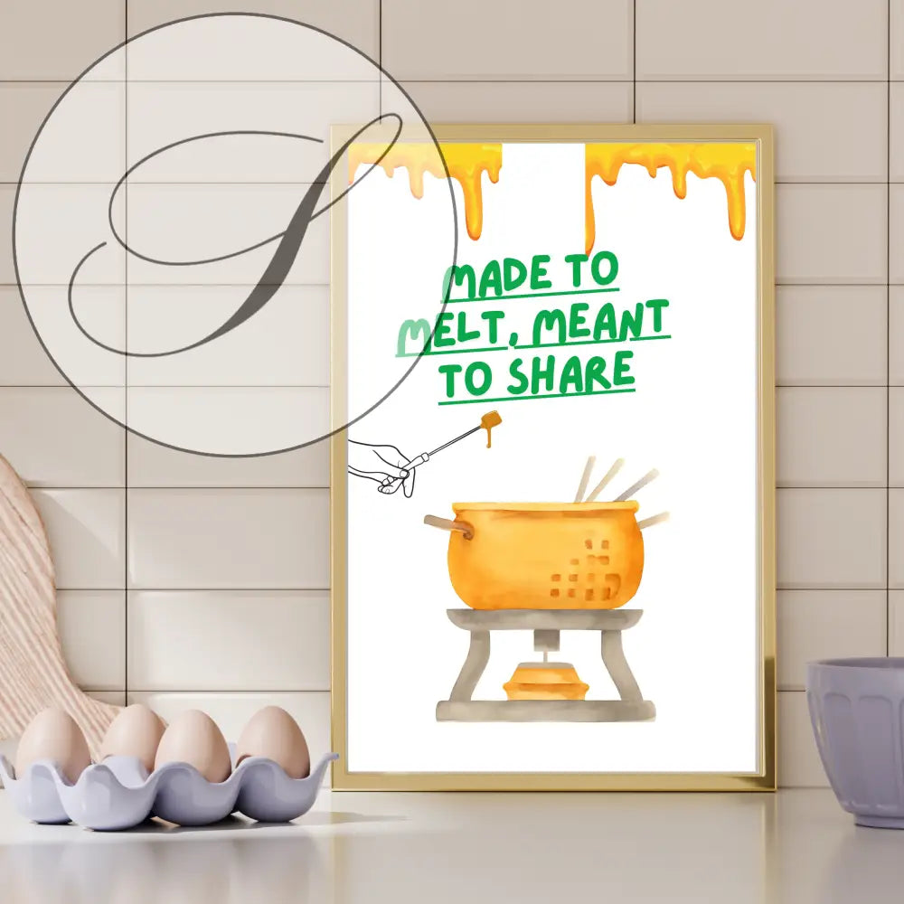 Affiche culinaire fondue avec cadre doré illustrant un caquelon à fondue jaune et texte vert pour cuisine conviviale